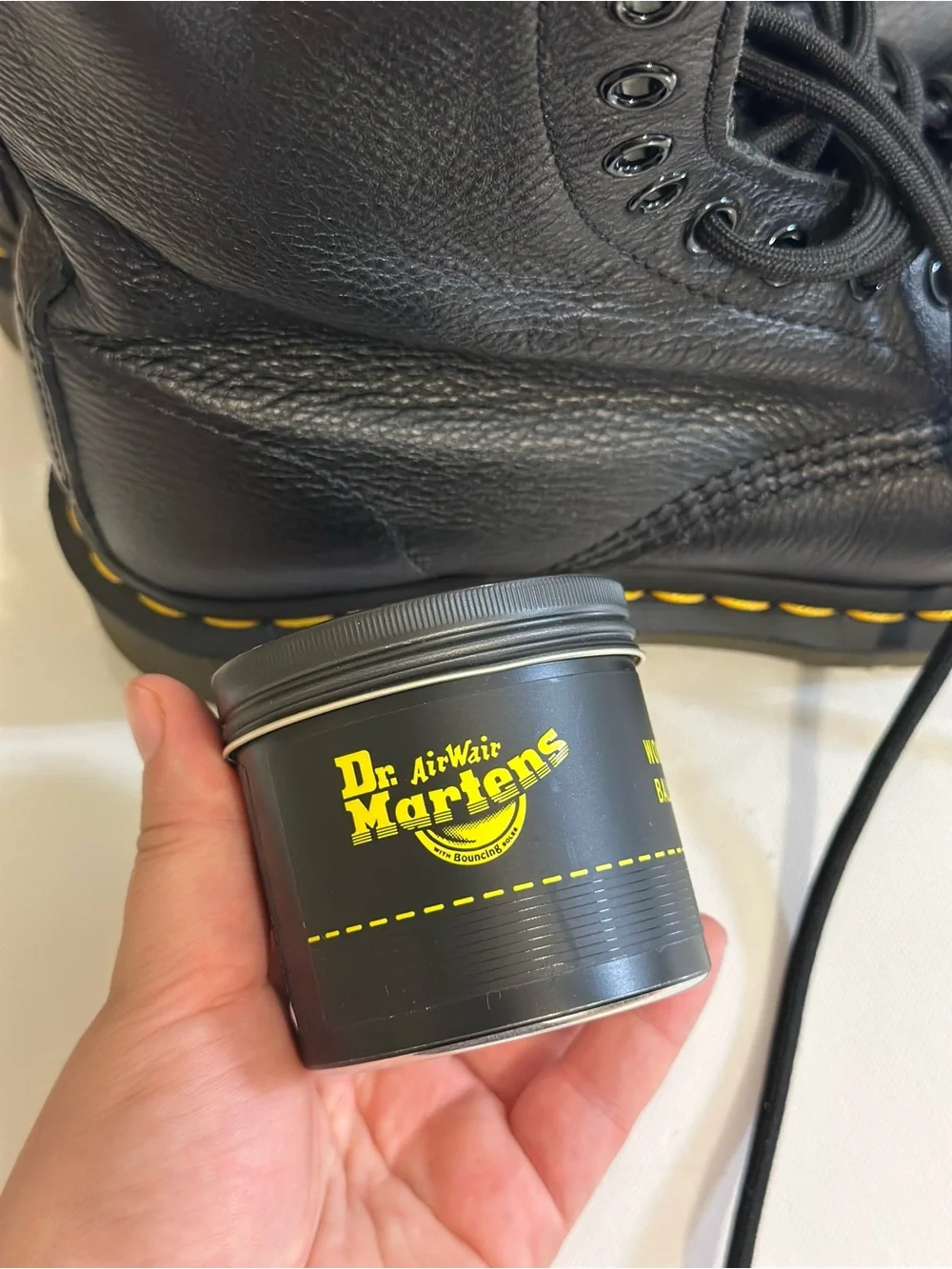 Dr. Martens Black Leather 8-Eye Boots with Yellow Stitching